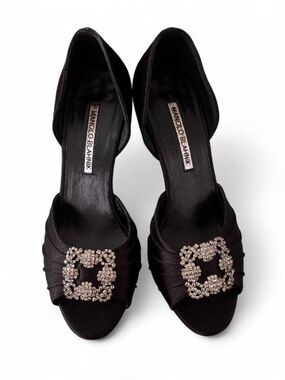 Black Satin Manolo Blahnik Cassido D'orsay Peep Toe Heels